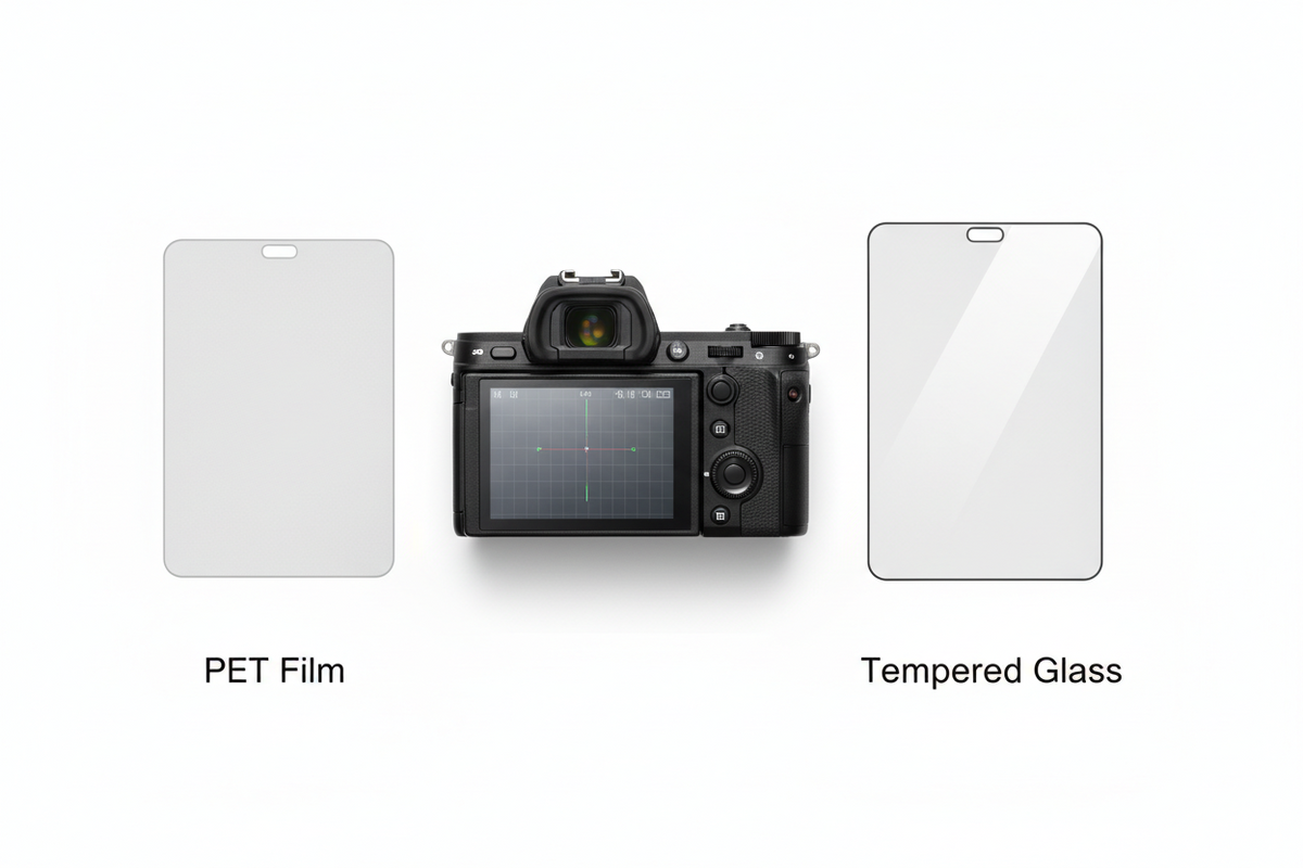 Comparison of PET film and tempered glass camera screen protectors beside a camera LCD display
