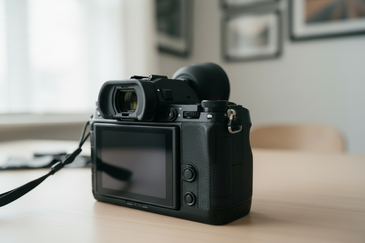 Camera with a replacement rubber eyecup installed on the viewfinder