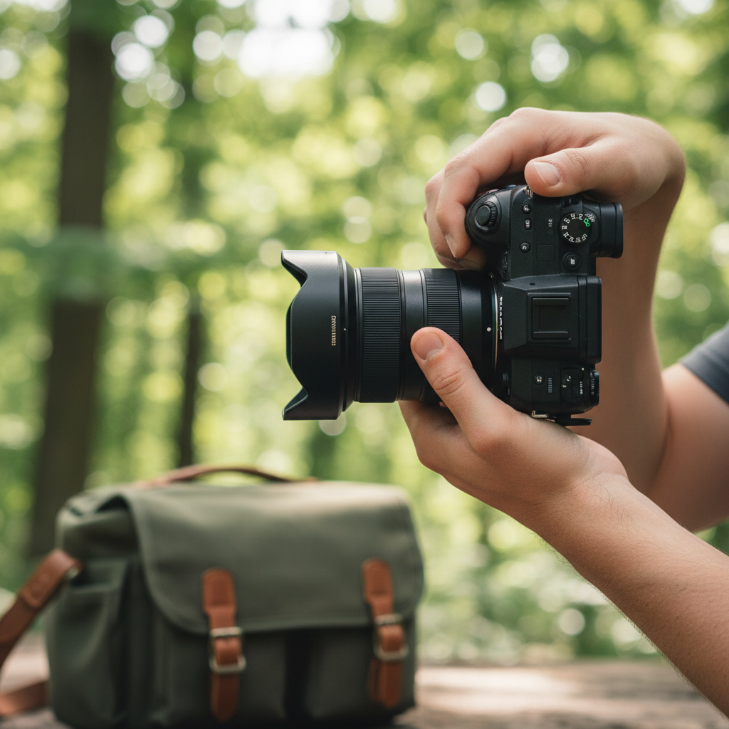 Photographer using a camera with a rubber eyecup attached