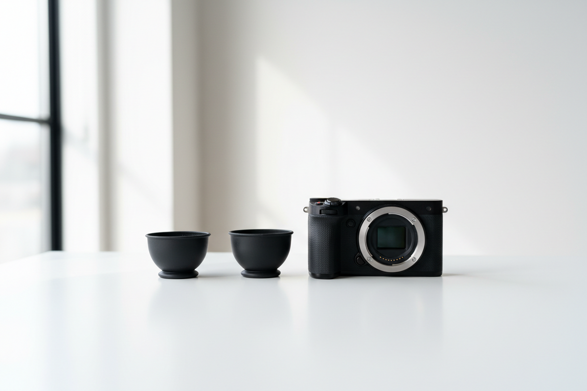 Comparison of standard rubber and extended camera eyecups beside a mirrorless camera
