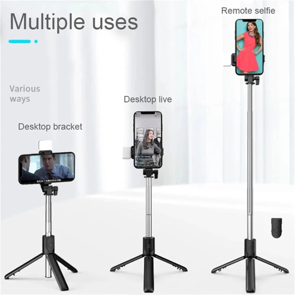 Portable Bluetooth Selfie Stick Tripod with Remote Shutter Light Wireless