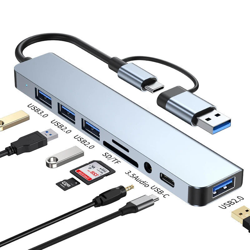 8 in 1 Type C USB Hub Docking Station 3.5mm Jack Micro SD Card Reader Converter