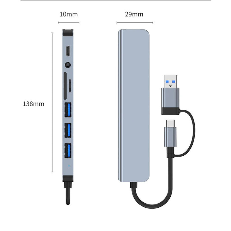 8 in 1 Type C USB Hub Docking Station 3.5mm Jack Micro SD Card Reader Converter
