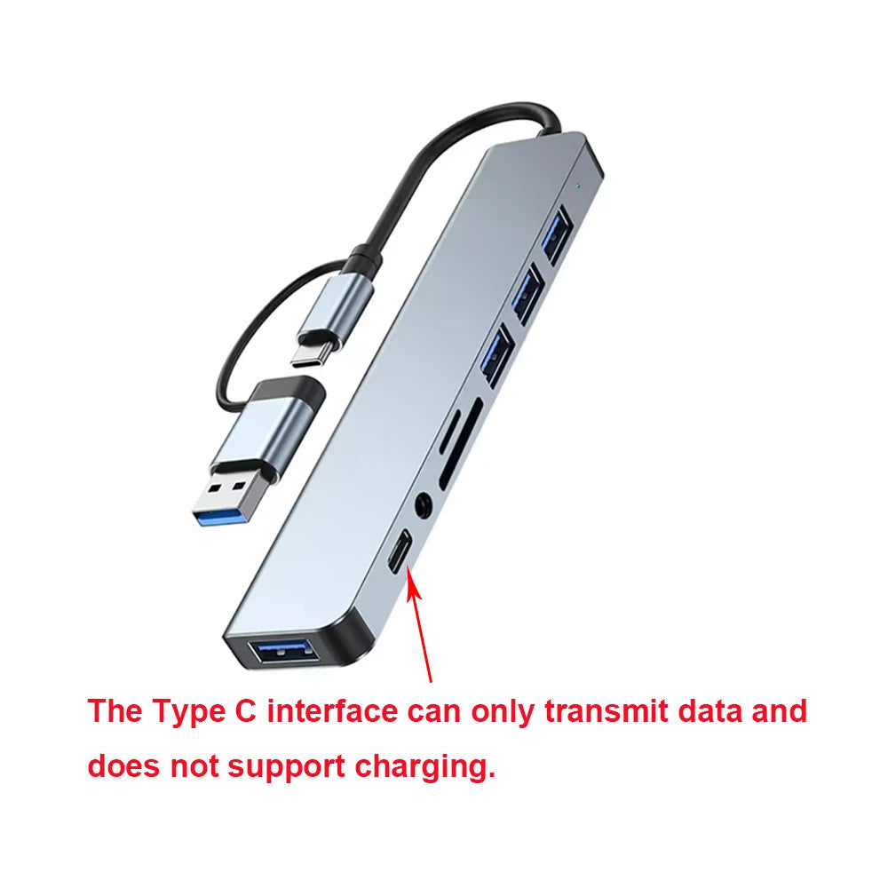 8 in 1 Type C USB Hub Docking Station 3.5mm Jack Micro SD Card Reader Converter