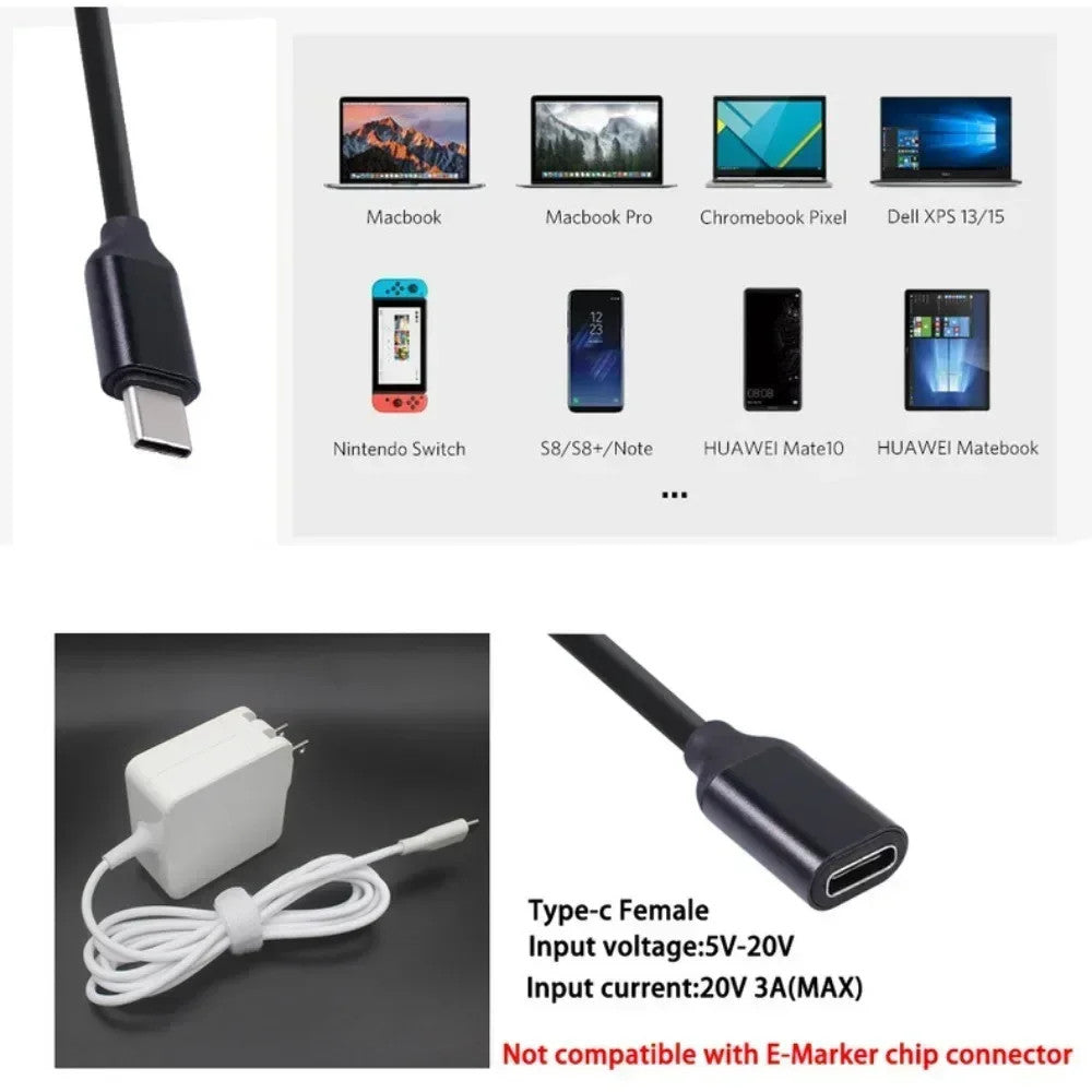 USB C Male to Female Extension Cable 60W 3A Fast Charge Data Wire Adapter Cord