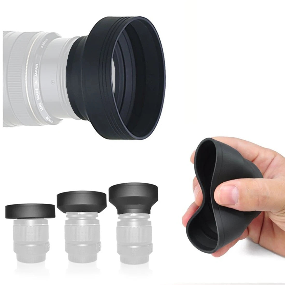 3in1 Collapsible Rubber Lens Hood 49-82mm Universal Canon Nikon Sony DSLR Camera
