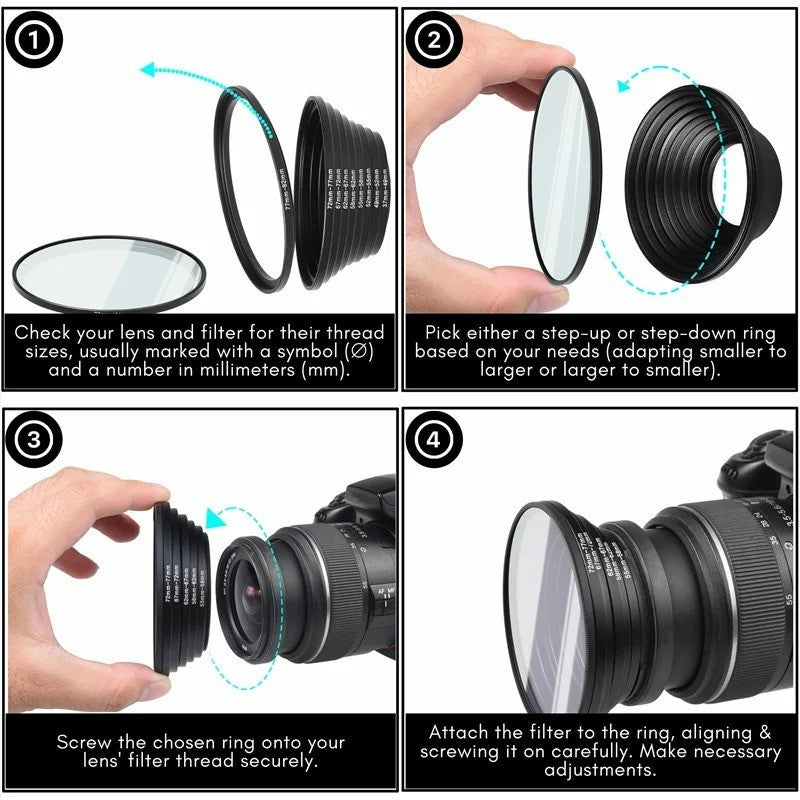 18 Pcs Filter Ring Adapter Set Lens Metal Stepping Rings Step Up Down Lenses